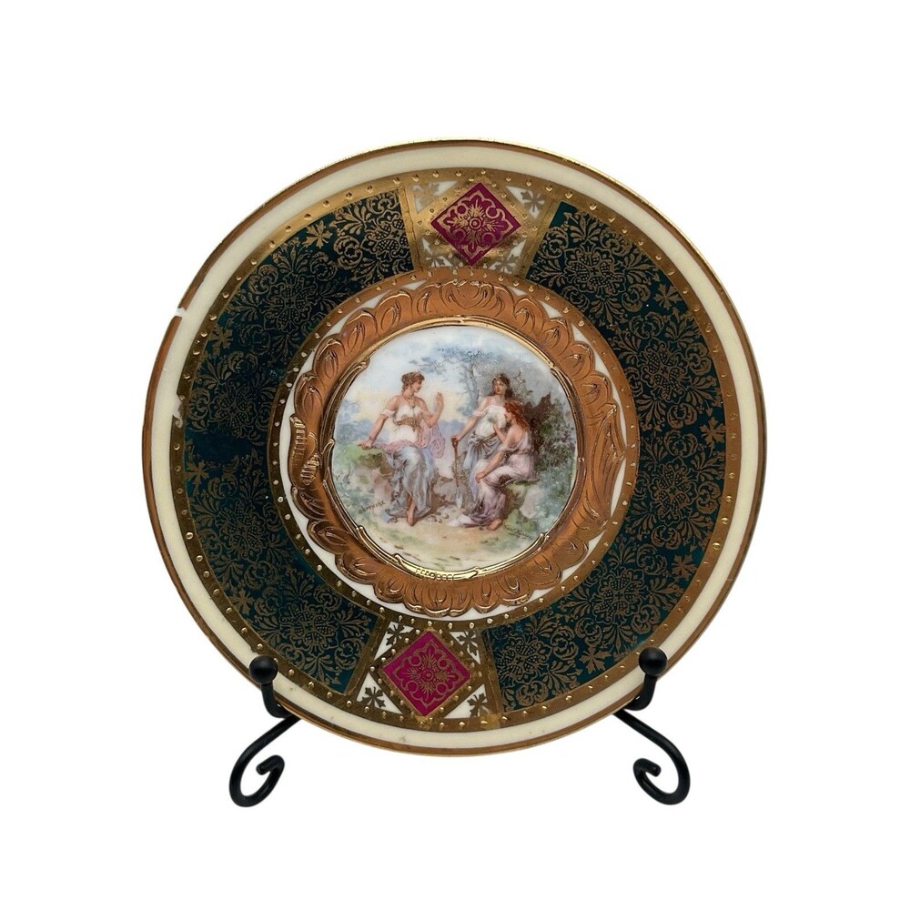 Antique Austrian Royal Vienna Style Hand Painted 9" Porcelain Plate Sappho Gilt